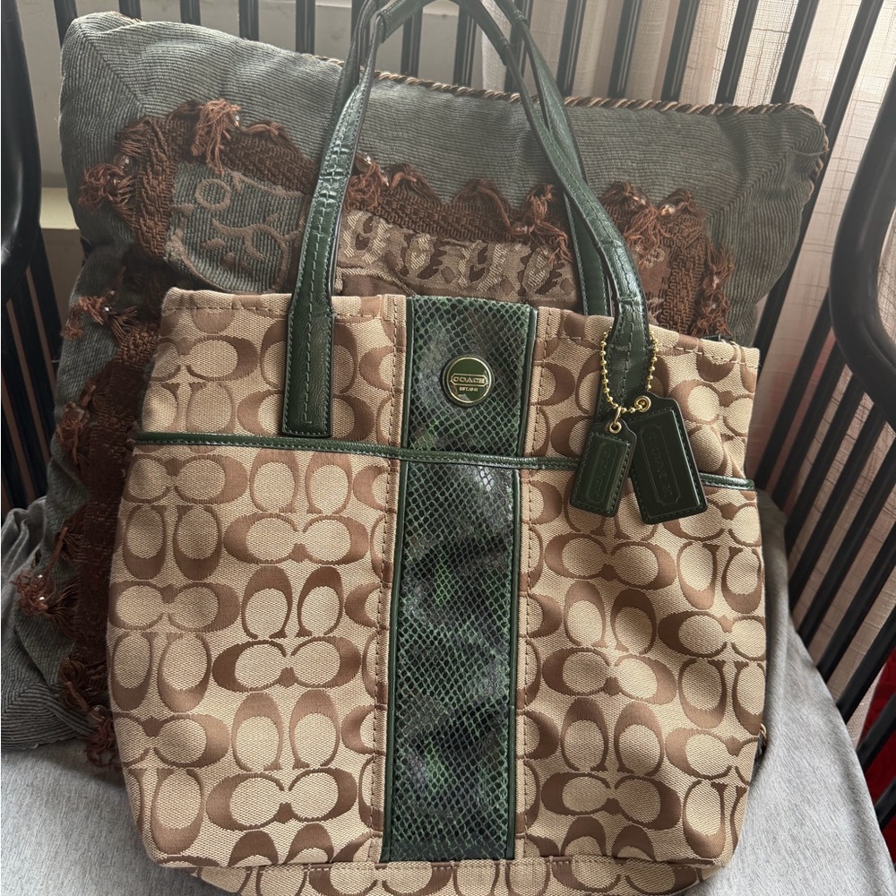 Coach Tan and Green Signature Tote